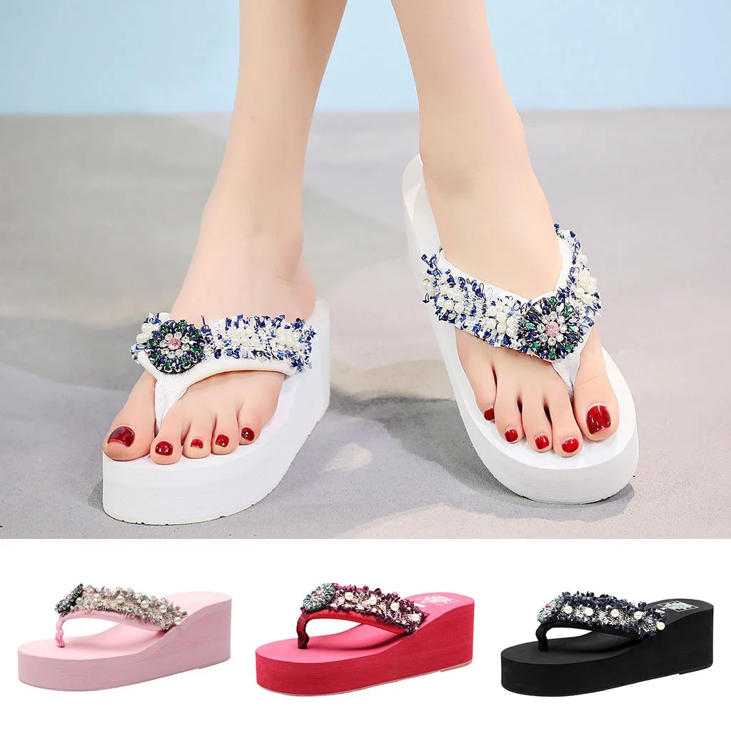 

Thick bottom wear slipper wave rhinestone pearl decoration Simia style flip flops 2019 summer multiple color beach shoes zapat#5