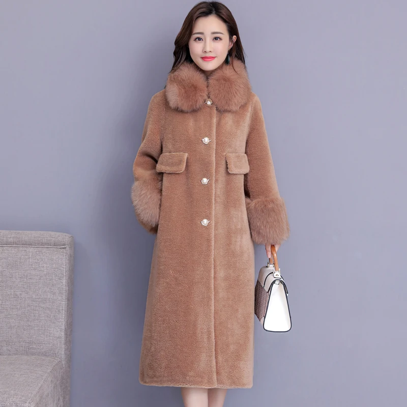 Овцы стриженые пальто женские новые Лисий мех воротник раздел осень зима размера плюс меховые пальто куртка толстый теплый мех длинное пальто M~ 4XL