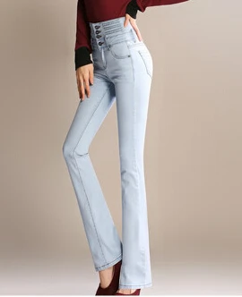 Высокая талия повседневные джинсы для похудения Штаны для женщин большие размеры Полная длина Flare Штаны весна-осень хлопок cfn0601 - Цвет: P4