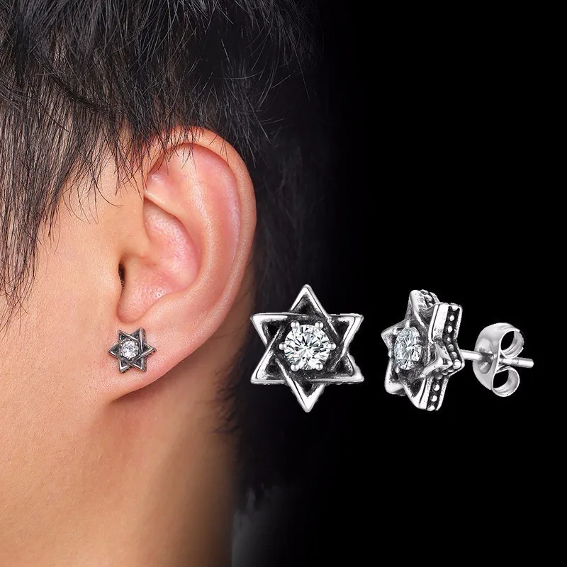 Retro David Star Stud Earrings for Men Women Israel Jewelry Stainless Steel Punk Male Brincos