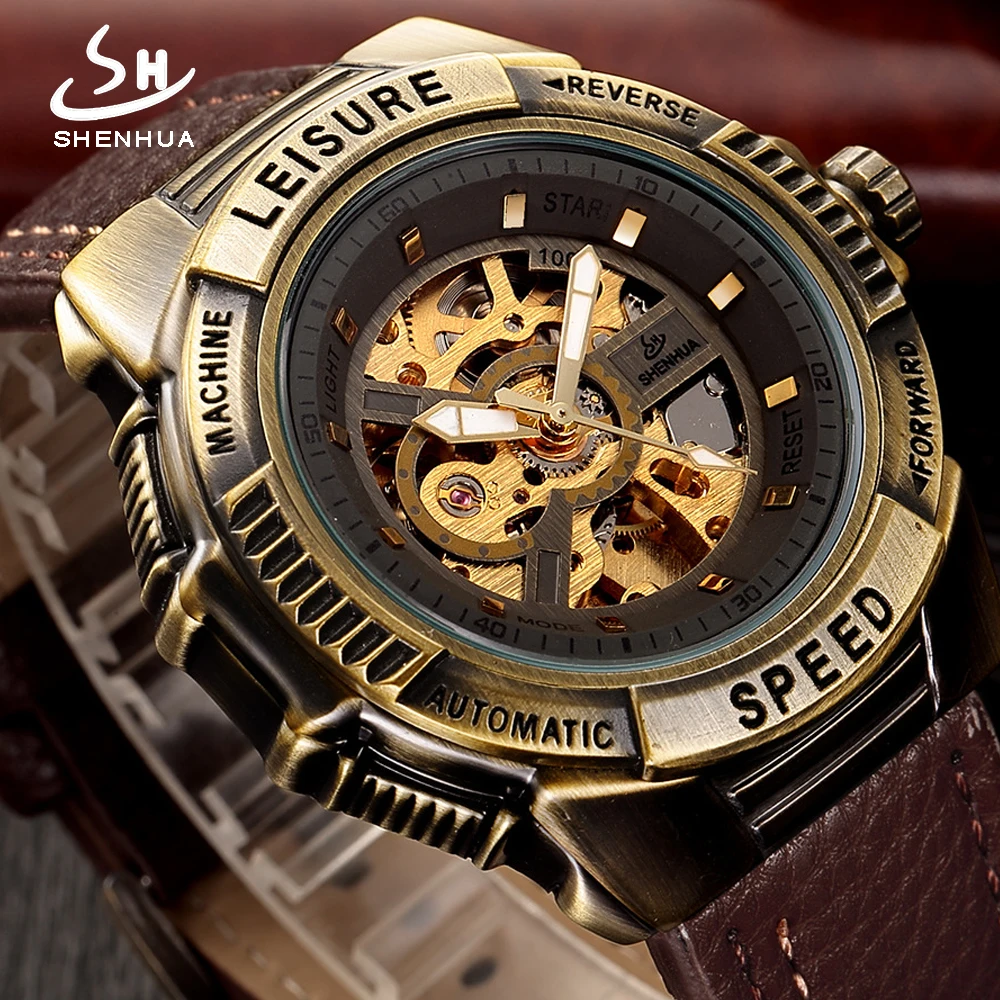 Steampunk من ساعات آلية الرجال التلقائي الذاتي لف الرجال المعصم الرجعية البرونزية الهيكل العظمي شفافة الذكور ووتش ساعة رجل