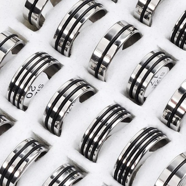 New Hot 12Pcs Mixed Stainless Steel Black Rubber Rings Wholesale Bulk