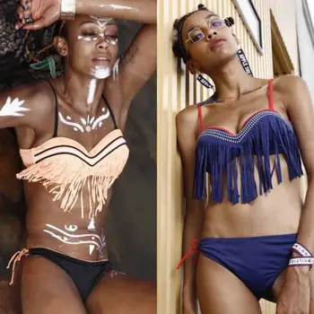 

Hirigin 2018 New Style Sexy Women Bikinis Set Swimsuit Tassels Bandage Swimwear Women Push Up Paded Bra Bikini Bathing Suit