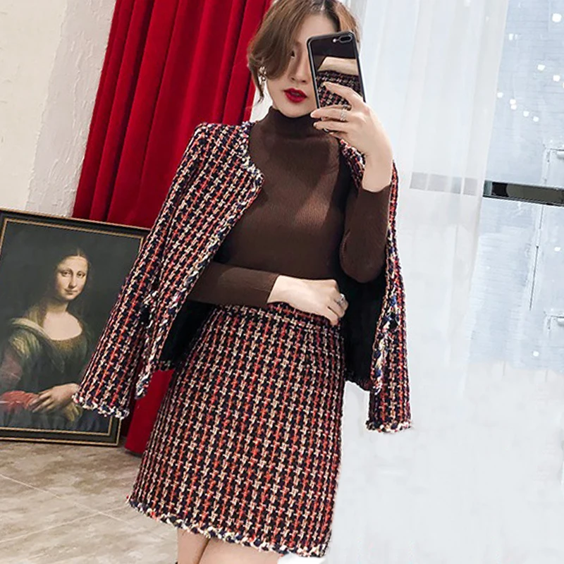 

Red plaid tweed jacket + skirt suit 2019 spring / autumn / winter women's jacket suit fashion woolen ladies 2 piece skirt suit