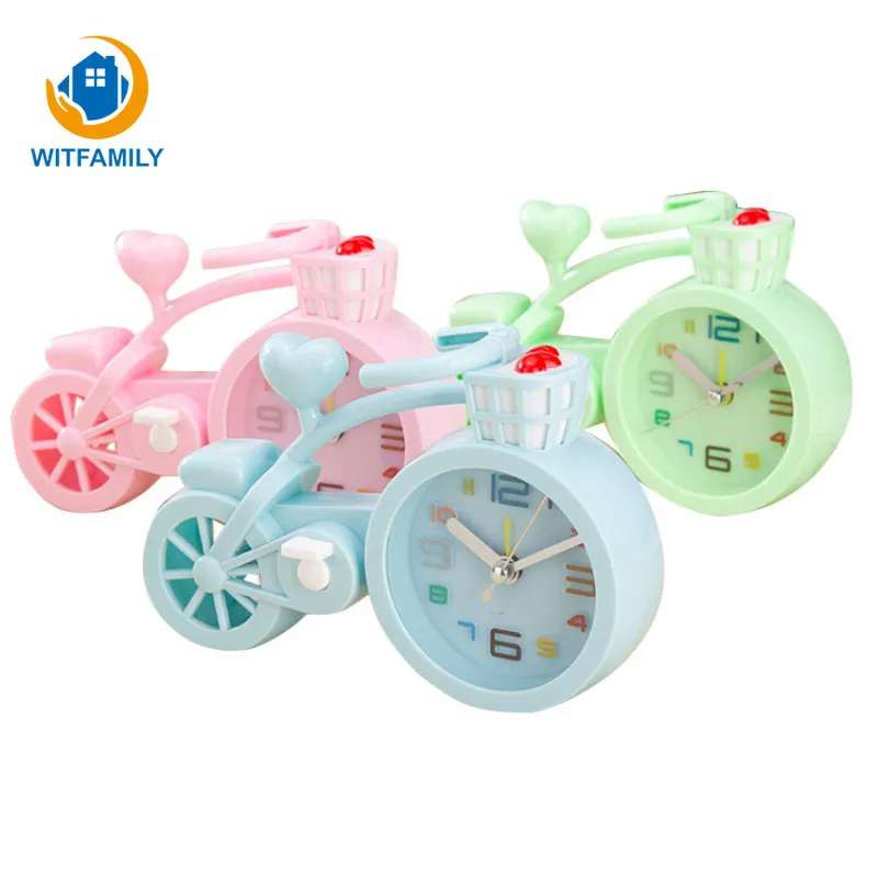 Portable Small Bed Compact Travel Quartz Beep Alarm Clock Color Bicycle Shape Clock Home Office Decor Electronic Table Clocks