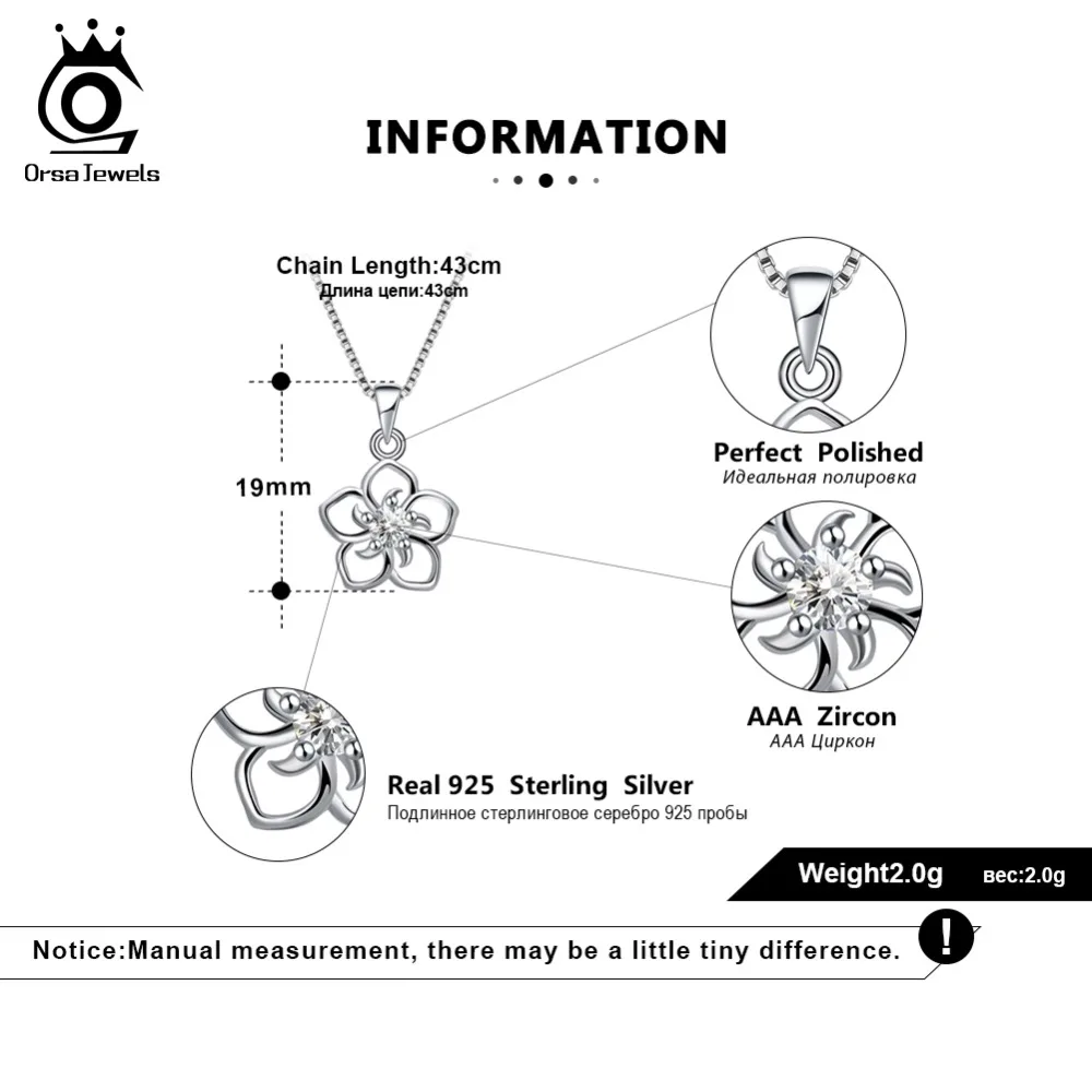 ORSA JEWELS Настоящее серебро 925 ожерелье для женщин цветок кулон с прозрачным