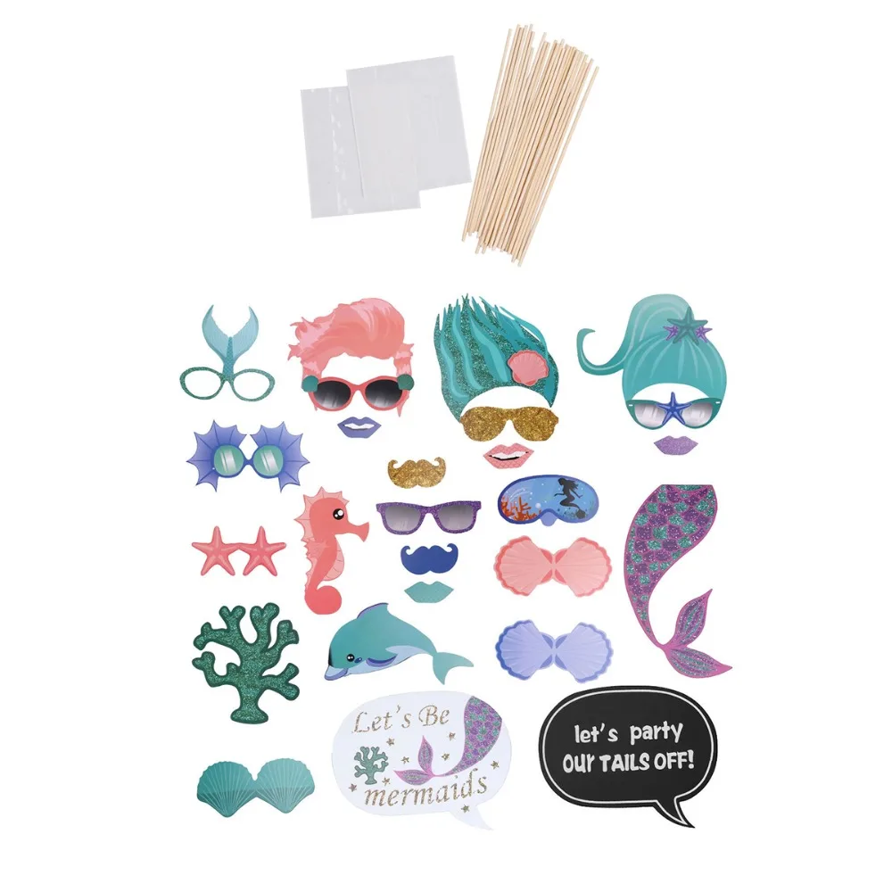 26Pcs Personalized Mermaid Photo Booth Props with Sticks Adhesives DIY