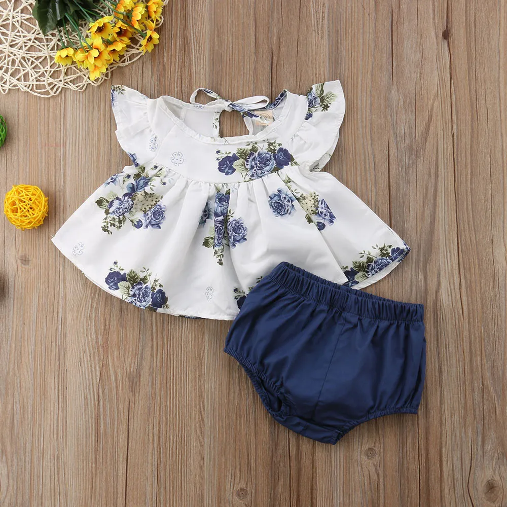 

Regualr Cotton Summer Fashion Baby Sets For Girls Sleeveless Floral Print Clothes + Solid Shorts Children Outfits For Girls