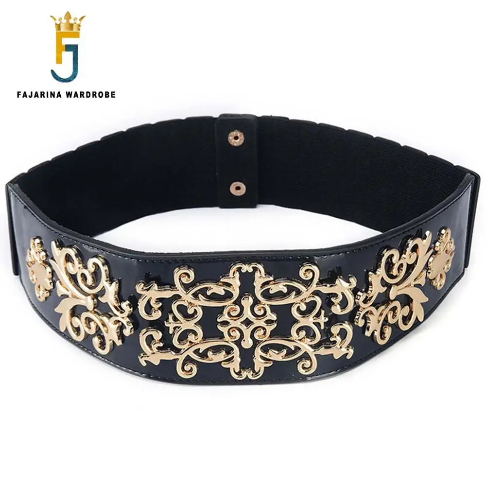 

FAJARINA Casual Retro Black Stretch Wide Decorative Elastic Genuine Leather Belts for Women Floral Type Waistband Belt LDFJ040
