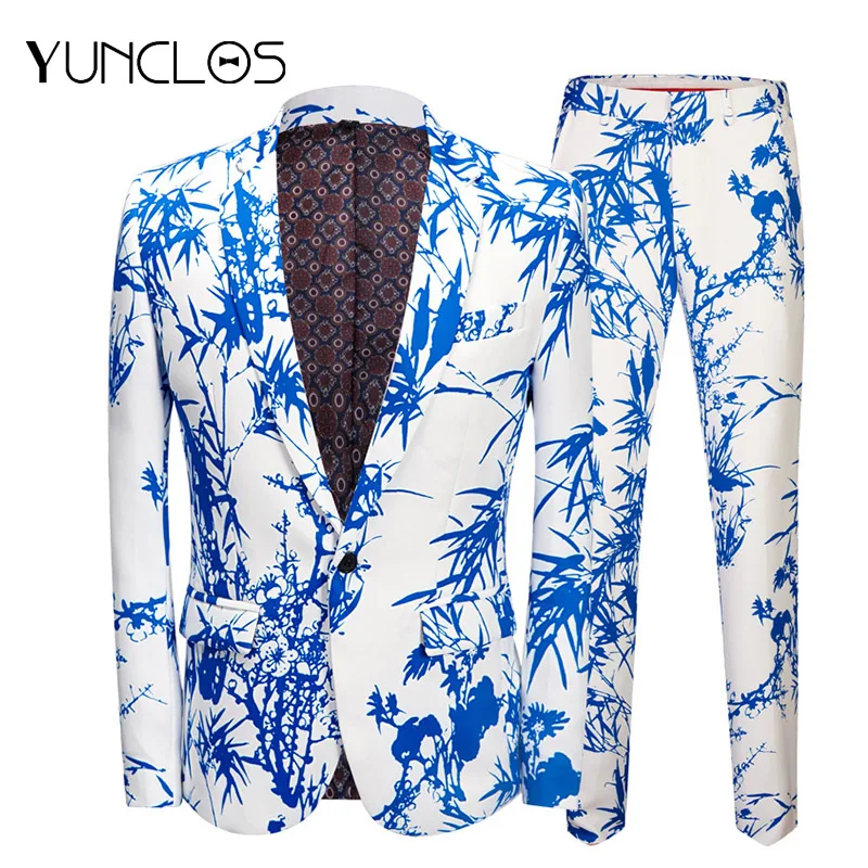 

YUNCLOS New Printed Men's Suits Slim Fit Party Suits 2 Pieces Jacket & Pant Prom Suits Men Formal Performance Suits