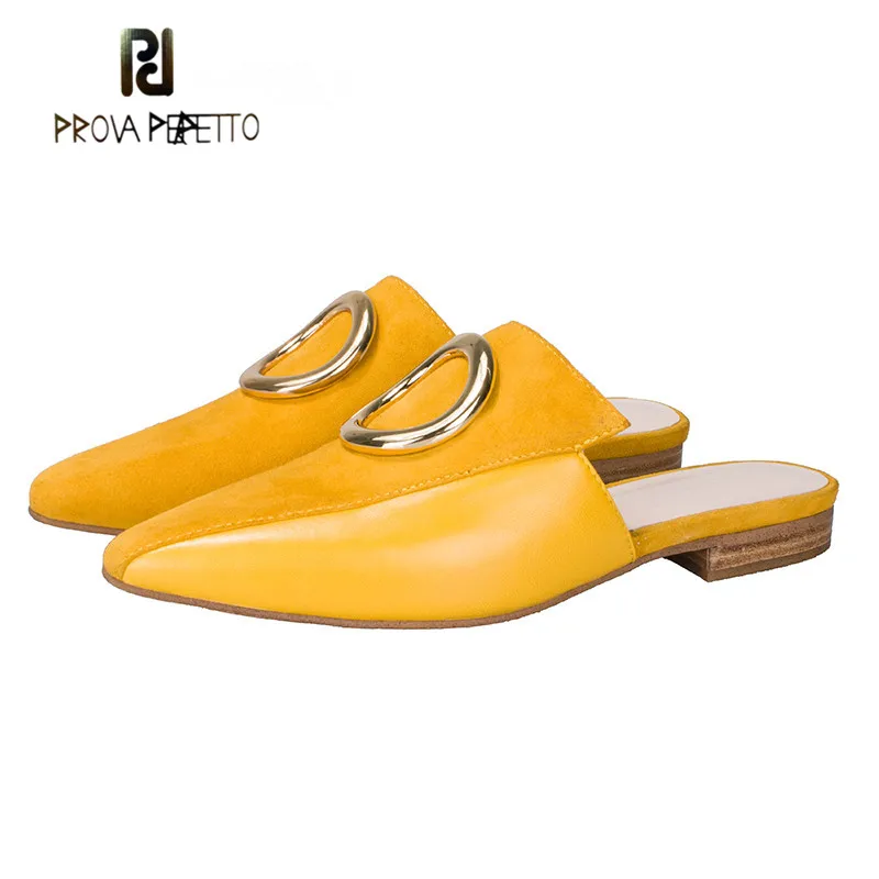 

Prova Perfetto 2018 Newest Yellow Shoe Fashion Circular Buckle Pointed Toe Women Slipper High Quality Genuine Leather Flat Shoe