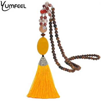 Yumfeel New Women Jewelry Necklace Handmade Wood Beads Natural Stone Yellow Tassel Necklace Gifts