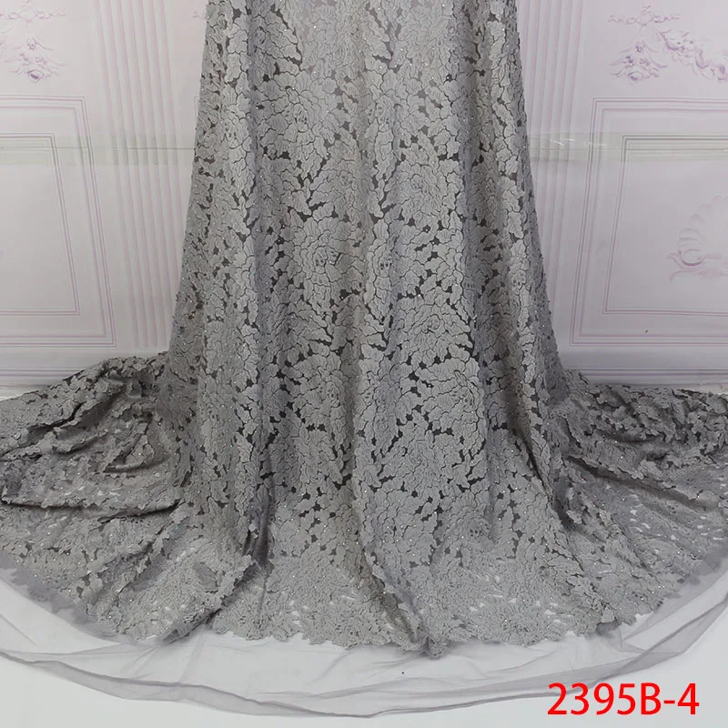

2019 Nigerian Gray Lace Fabric Stones Material New Design Embroidered Tulle Lace Fabric For Women Wedding Dressed XZ2395B-2