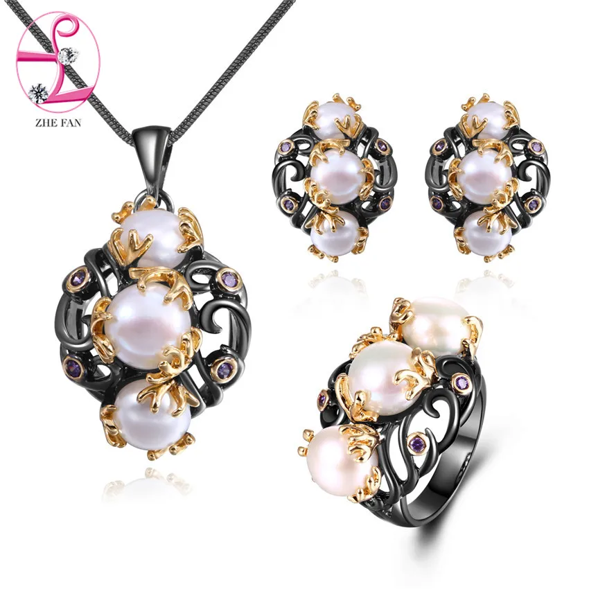 

ZHE FAN Freshwater Pearls Jewelry Set 2 Tone Black Gold Color Vintage Simulated Pearl Necklace Earrings Ring Sets For Women