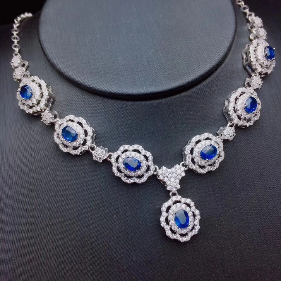 Collier pendentif saphir bleu naturel S925 argent collier de pierres précieuses naturelles de luxe