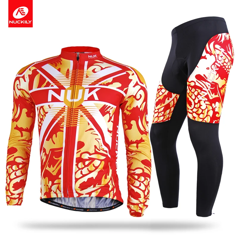 

NUCKILY Men's Spring/Autumn polyester dragon print road bike clothes long sleeve cycling jersey set CJ126CK126