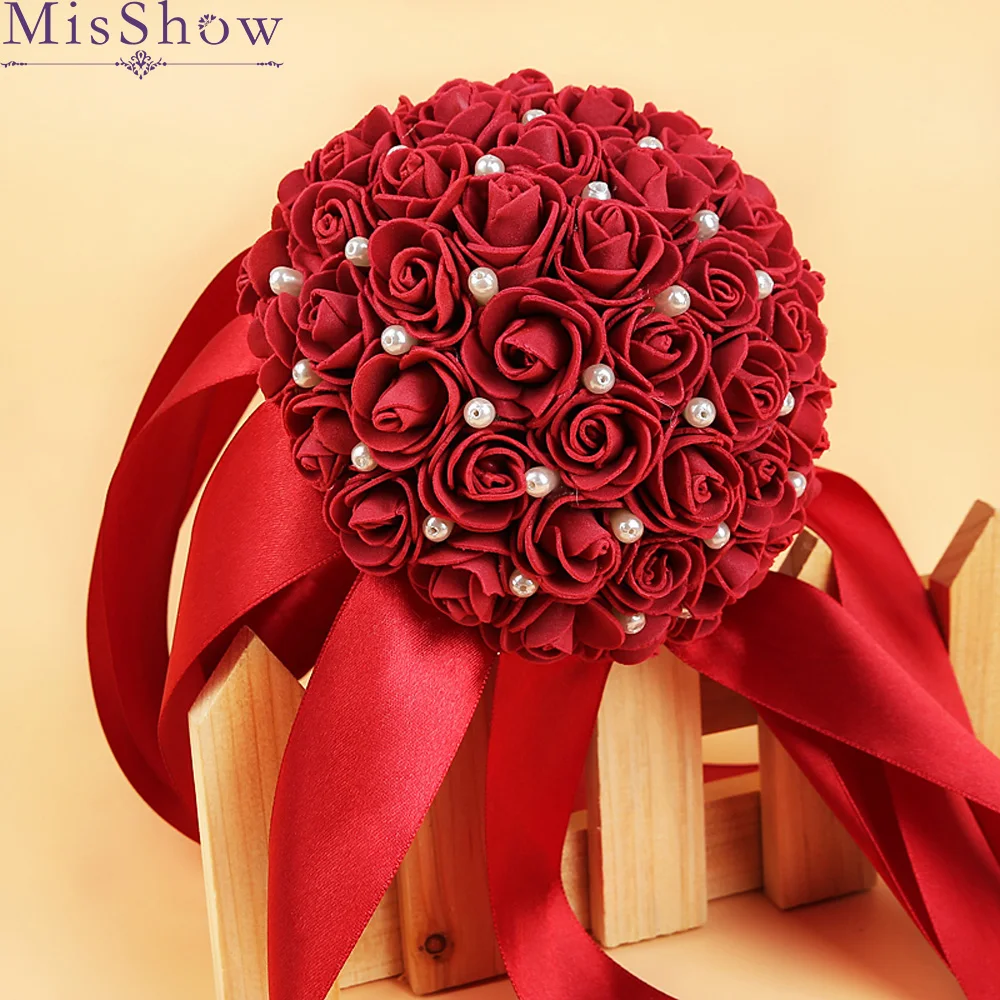 

Hot selling Cheap Rose Bridesmaid Wedding Foam flowers Rose Bridal bouquet with Pearl Ribbon Fake Wedding bouquet de noiva 2018