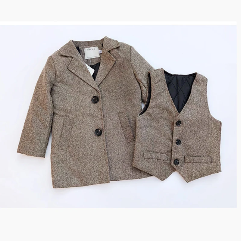 

Winter Baby Boy Clothes Set Thick Wool Windbreaker Long Jackets Coats + Vest Two Piece Set Formal Suits 2Pcs Christmas Clothes