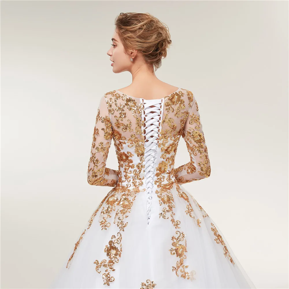 Fansmile с длинным рукавом золотое кружево Vestido De Noiva Свадебные платья поезд на заказ размера плюс свадебные платья FSM-404T