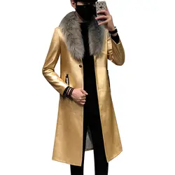 Новинка 2018 года, зимний блейзер с меховым воротником, длинное пальто с мехом для мужчин, мужская деловая повседневная кожаная куртка