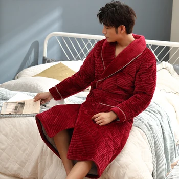 

Causal Home Dress For Men Bathroom Flannel Knit Quilted Robe Long Spa Comfortable Soft Solid Male Robe L-XXXL