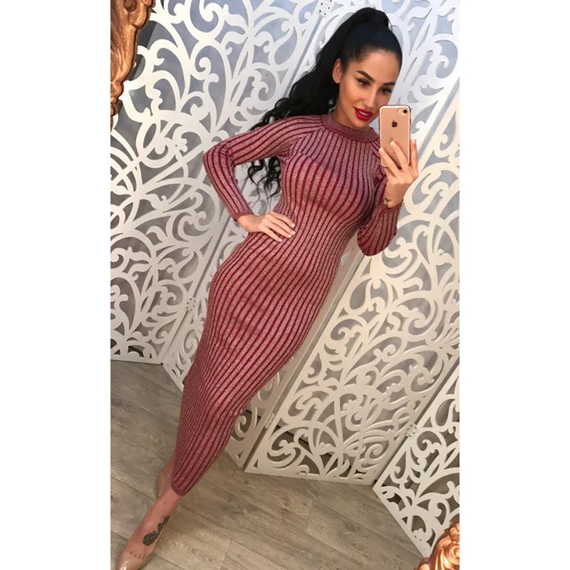 Women Sweater Dress 2017 Fall Winter Long Sleeve O Neck Sexy Bodycon Dress Elastic Striped Skinny Knitted Dresses Robe Vestidos16