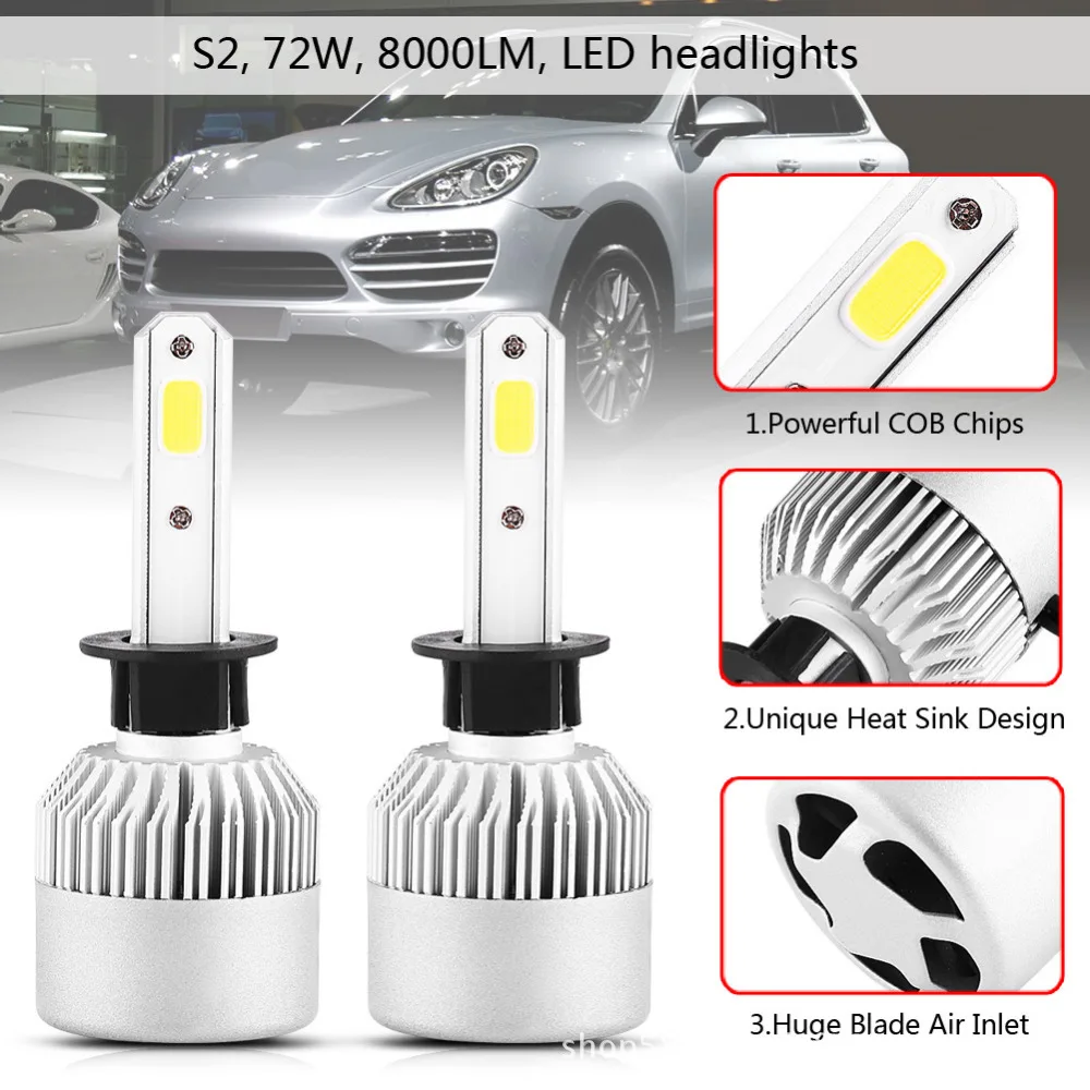 

S2 H4 H7 H11 H1 Car LED Headlight Bulbs 72W LED H7 9005 9006 H3 9012 H13 5202 COB Automobile Headlamp 6500K 12V 24V White