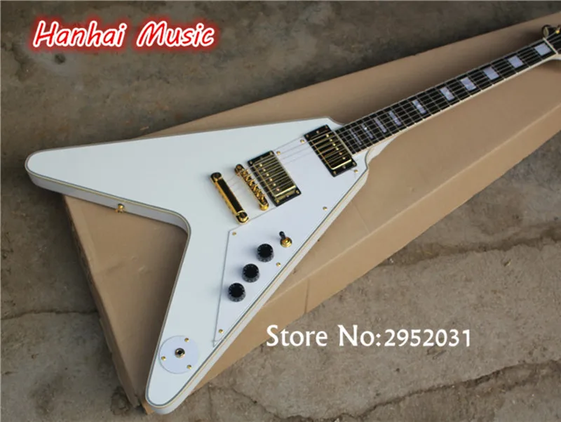 

Free Shipping-Electric Guitar,Flying V Shape,Gold Hardware,White Pickguard,White Body,Black Binding and can be Customized