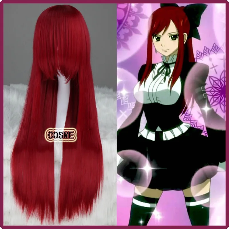 

Free Shipping Fairy Tail Erza Scarlet 80cm Synthetic Long Straight Dark Red Cosplay Wig + wig cap