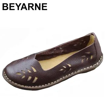 

BEYARNE Women's Shoes Genuine Leather Slip on Ladies Flat Shoes Round to Hollow out Breathable Summer Shoes Female Footwear