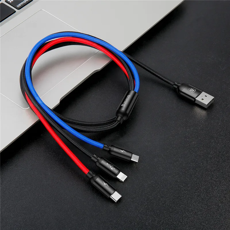 Baseus 3в1 USB кабель для мобильного телефона Micro type usb C кабель для зарядного устройства для iPhone samsung 6 кабель для зарядки Micro USB шнур для зарядного устройства - Цвет: Черный