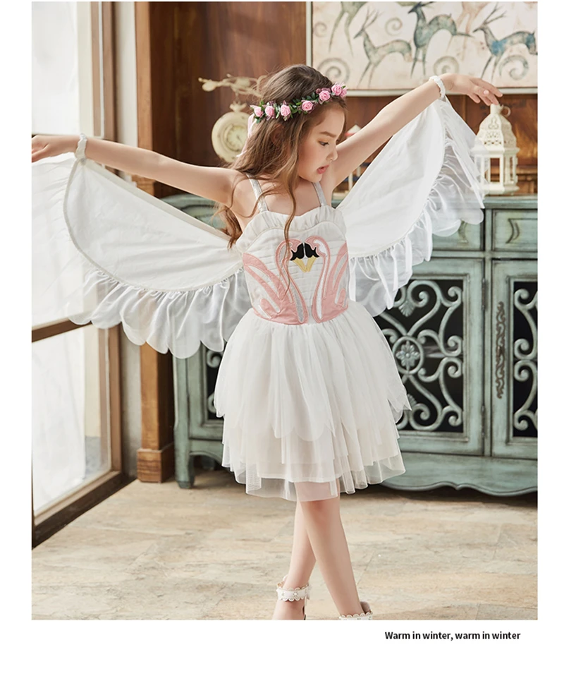 Christmas Girls Swan Flamingo Wings Dress Children White Princess Dress for Wedding Kids Embroidered Tulle Ballet Tutu Dress