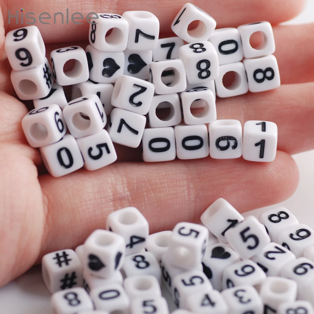 

Hisenlee 100pcs 6mm Acrylic High Quality White Cube Arabic Digital Random Combination Spacer Beads DIY Pendant Souvenir