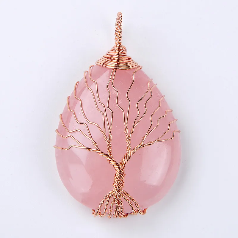 

New Rose Gold Color Tree of Life Wire Wrap Water Drop Necklace Pendant for Women Natural Gem Stone Pink Quartz Jewelry