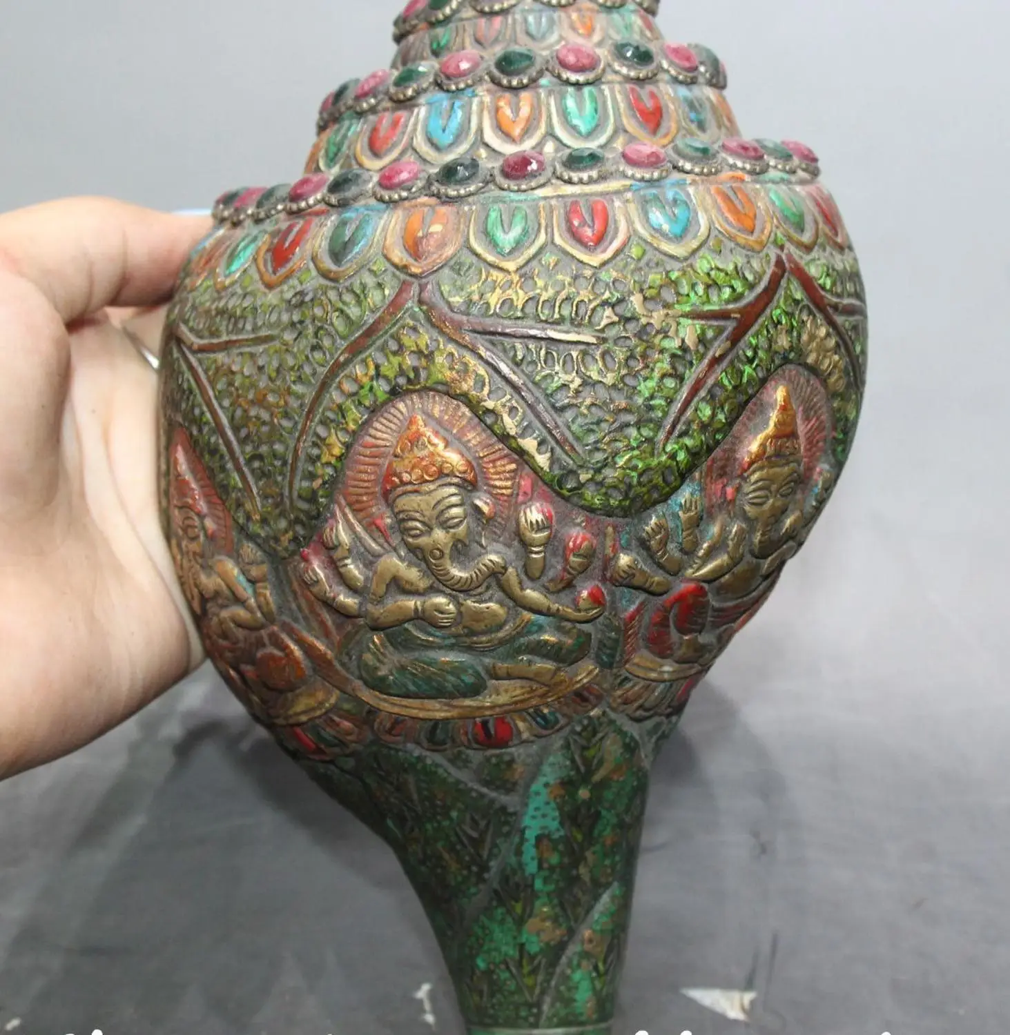 

8" Old Turquoise Bronze 6 Arms Elephant Ganesh Mammon Buddha Trumpet shell Conch