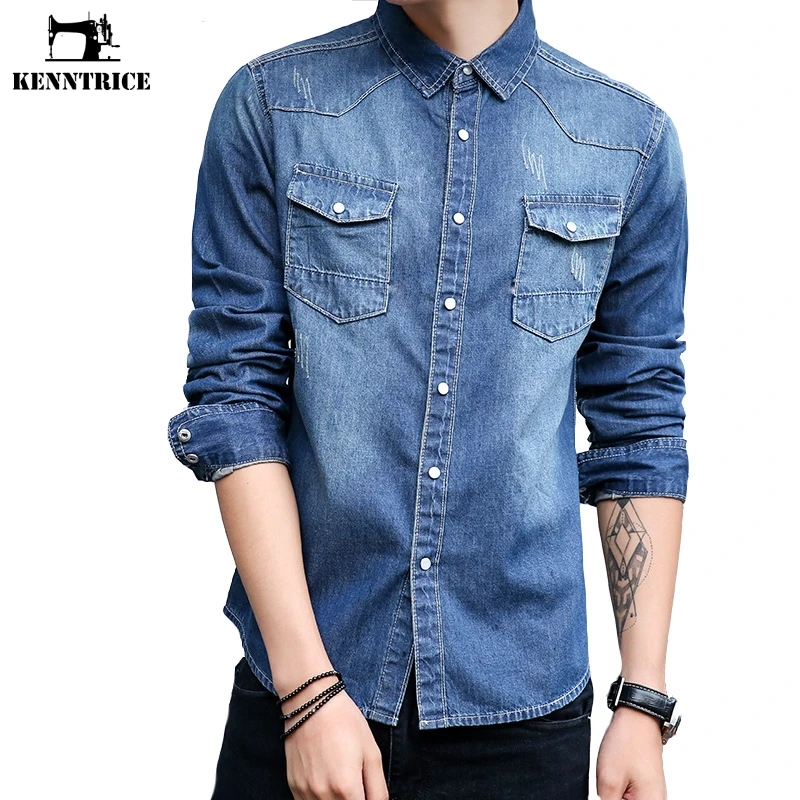 

KENNTRICE Long Sleeve Denim Shirt Men Slim Fit Vintage Men Shirt With Button Business Casual Men Blouse