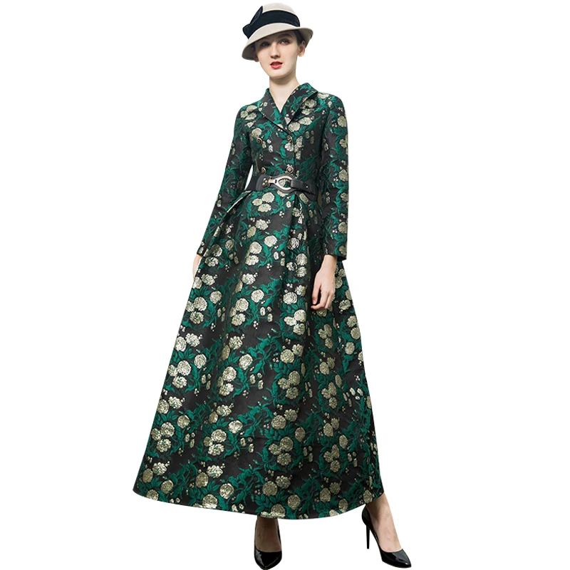 

Trench Dress High Quality 2019 Spring Party Dress Women's Wonderful Flowers Jacquard Long Dress DZ1016