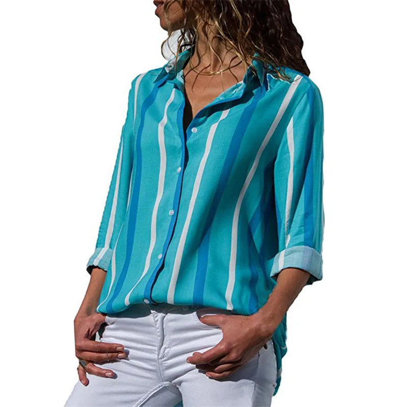 Шифоновая женская блузка с длинным рукавом, рубашка в полоску, отложной воротник, Офисная рубашка, повседневные топы, Blusas Femininas, сорочка размера плюс - Цвет: Sky Blue