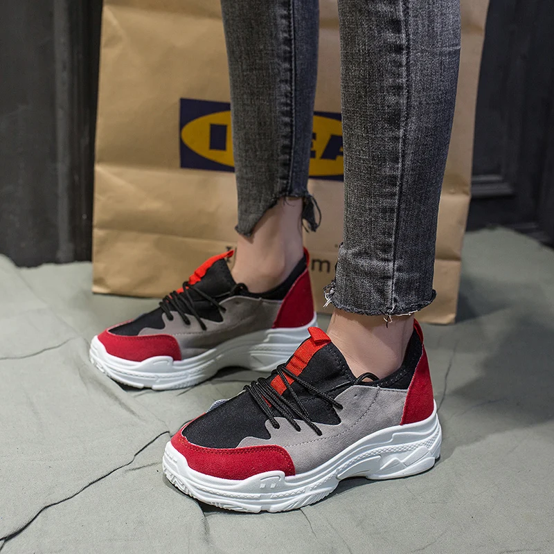 

SAILING LU Women Shoes Mixed Color Flock Lace Up Sneakers 2019 Fashion Comfort Female Leisure Daily Breathable Creepers XWD7487