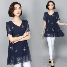 Spring and summer new style Women's large sizeL- 6XL short sleeve blouses Butterfly embroidery temperament chiffon top