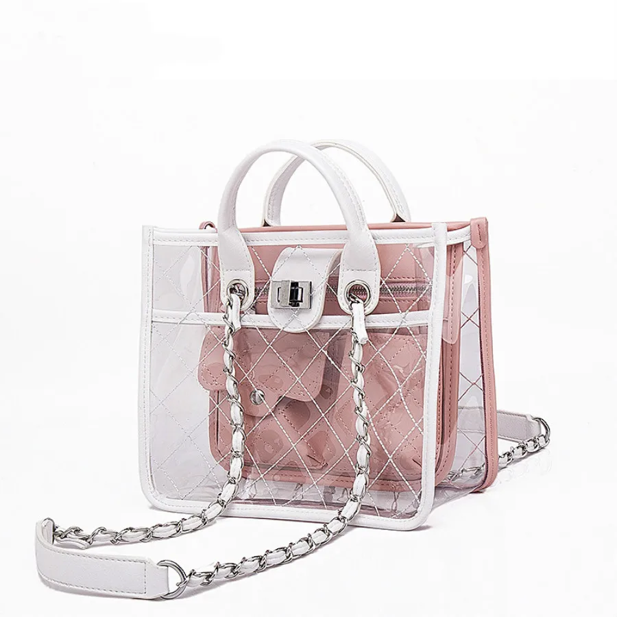 

Lingge Chains Jelly Bag Designer Panelled Women Shoulder Bags Clear Transparent PVC Woman Handbags Summer Small Flap Purses 2019