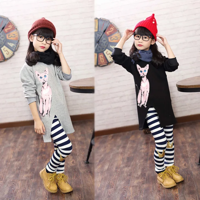 Korean Girls Winter Elastic Shirt pant Two Piece Kids Clothing Sets Grey Black Cotton Cat Printed