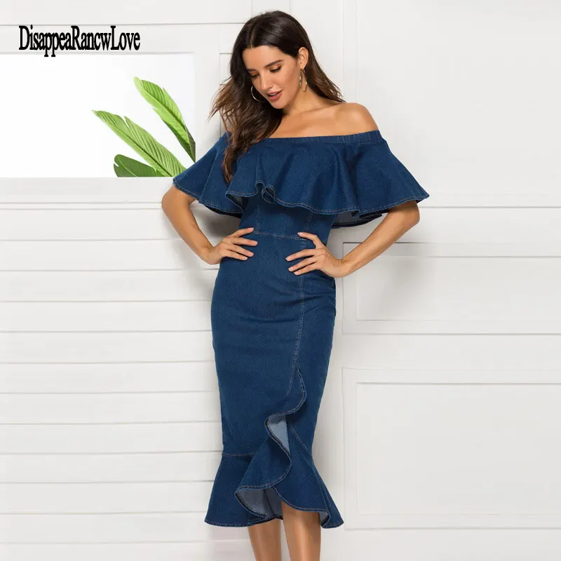 

Women Dress Off Shoulder Casual Short Sleeve Dress Summer Solid Denim Beach Women Trumpet Dress Vestidos 2019 New Sundress