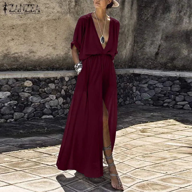 

2019 Plus Size ZANZEA Summer Dress Women Sexy Solid Deep V Neck Short Sleeve Party Split Long Maxi Sundress Vestidos Female Robe