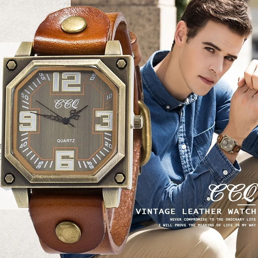 

CCQ Brand Vintage Cow Leather Bracelet Watch Casual Men Wristwatches Luxury Quartz Watch Relogio Masculino Hot