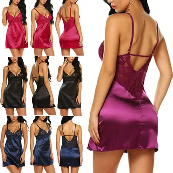 

Ladies Sexy Silk Satin Night Dress Sleeveless Nighties V-neck Nightgown Free Size Nightdress Lace Sleepwear Nightwear For Women