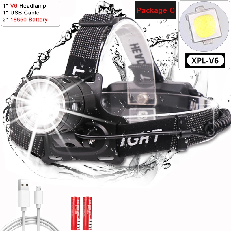 Мощный 30000 люмен светодиодный налобный фонарь V6 светодиодный налобный фонарь USB Головной фонарь Водонепроницаемый Налобный фонарик для наружного использования - Испускаемый цвет: Package C