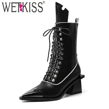 

WETKISS Mid-Calf Punk Boots Women Studded Leather Boots Metal Toe Pointed Shoes Female Motorcycle Heels High Shoes Ladies Autumn