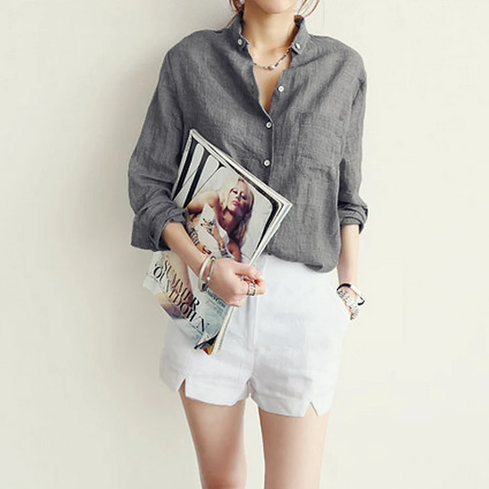 

Women's Blouses Korean Style Cotton Linen Female Tunic Shirts Office Lady Slim Summer Blouse Long Sleeve Button Womens Tops