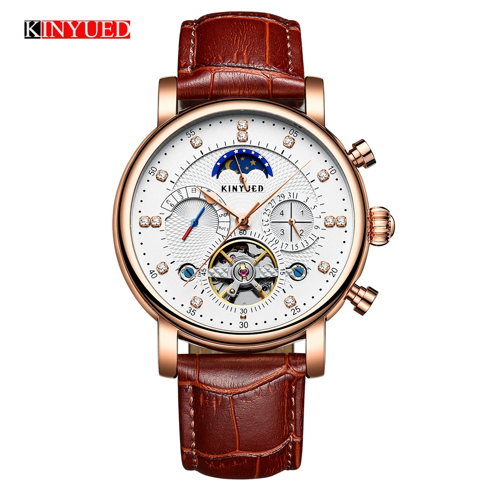 

Top Brand KINYUED Moon Phase Mens Mechanical Watches Automatic Tourbillon Skeleton Watch Men Calendar Relogio Masculino Dropship